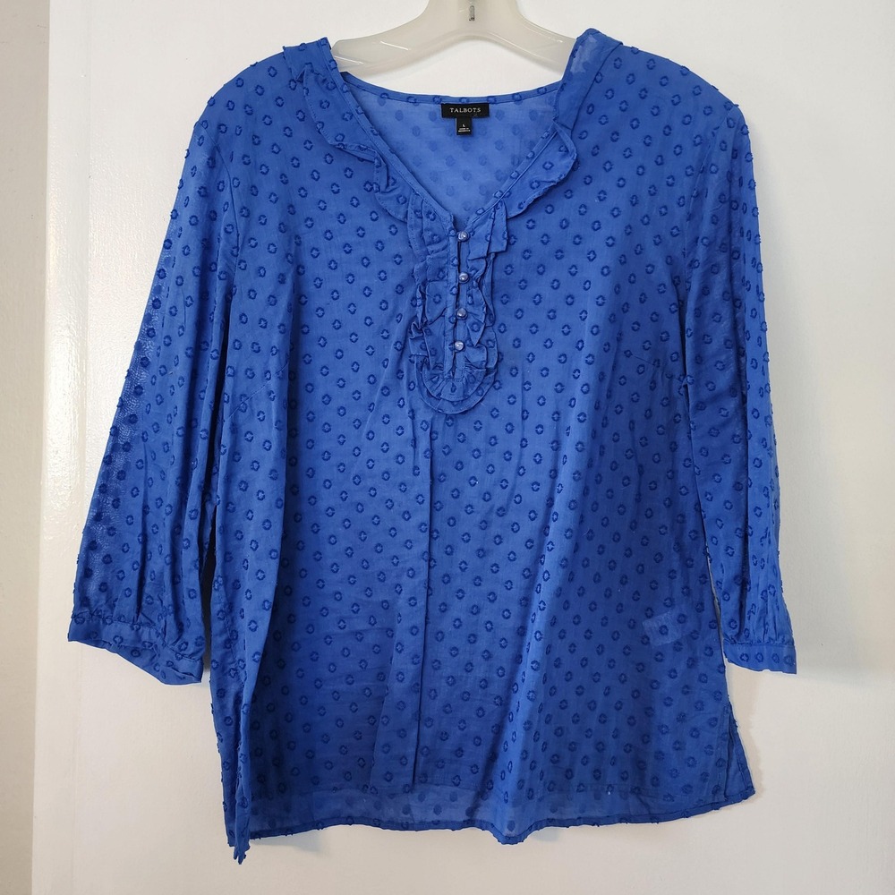 Talbots Blue Polka Swiss Dot Ruffle Neck Cotton Blouse Size Large Womens Top‎